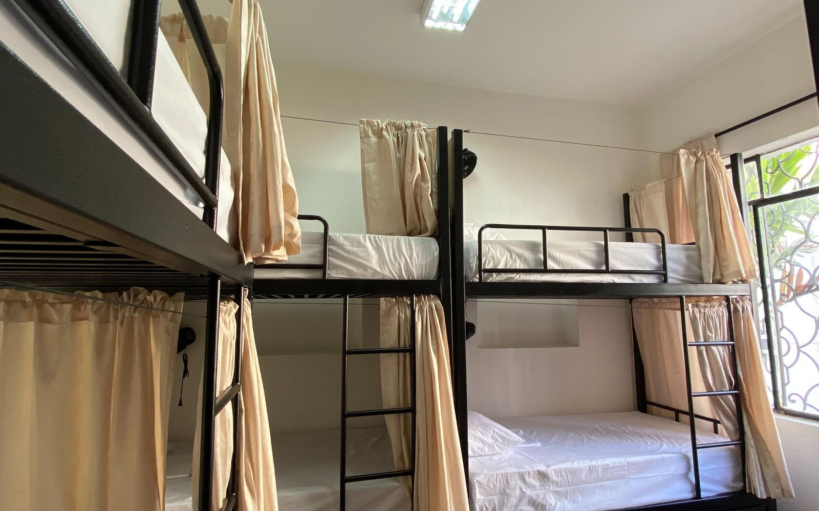 The six-bed mixed dorm: black steel bunks with cream curtains, and a barred window onto the garden.